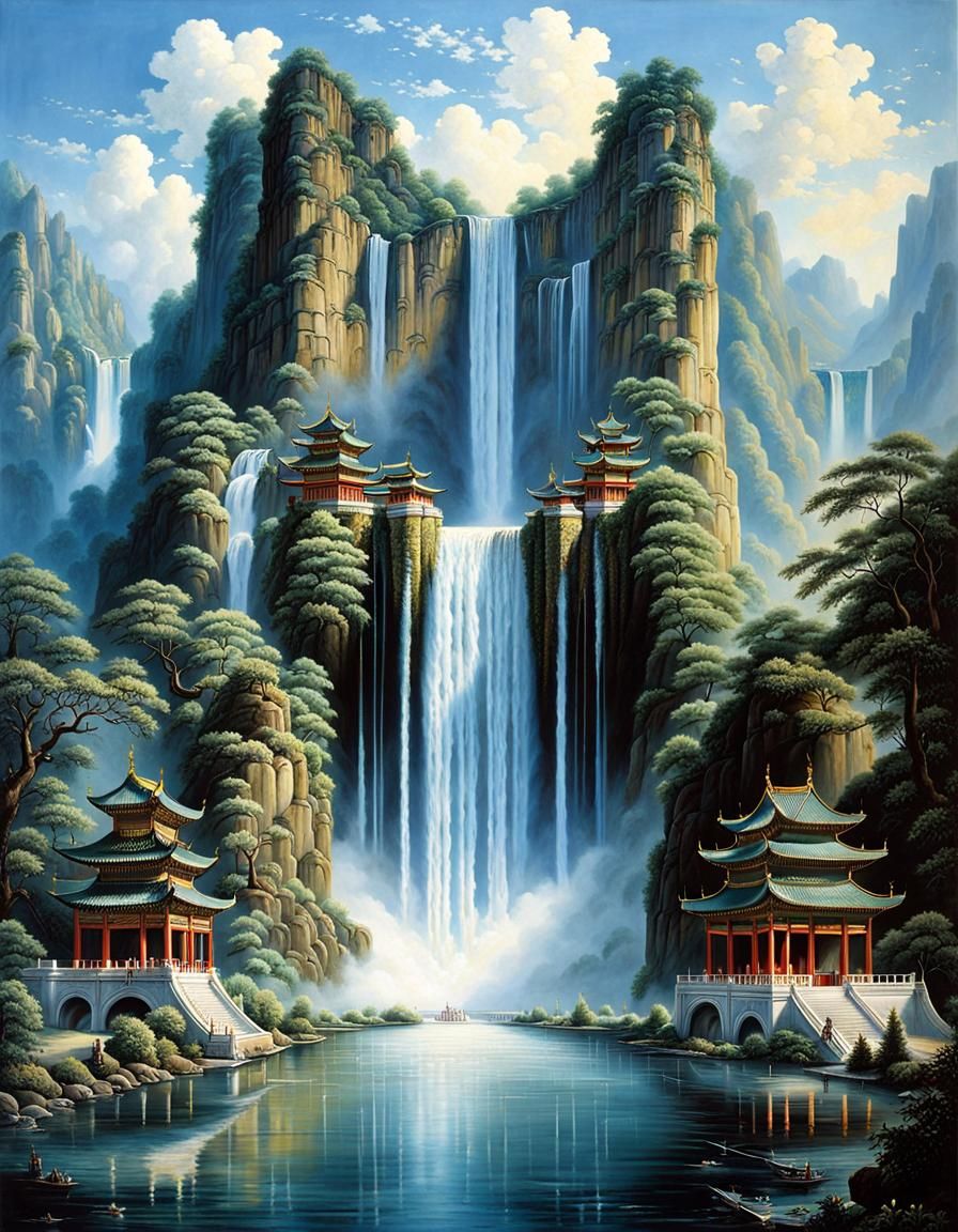 Heavenly Waterfall Palace: Fantastic Realism Painting
