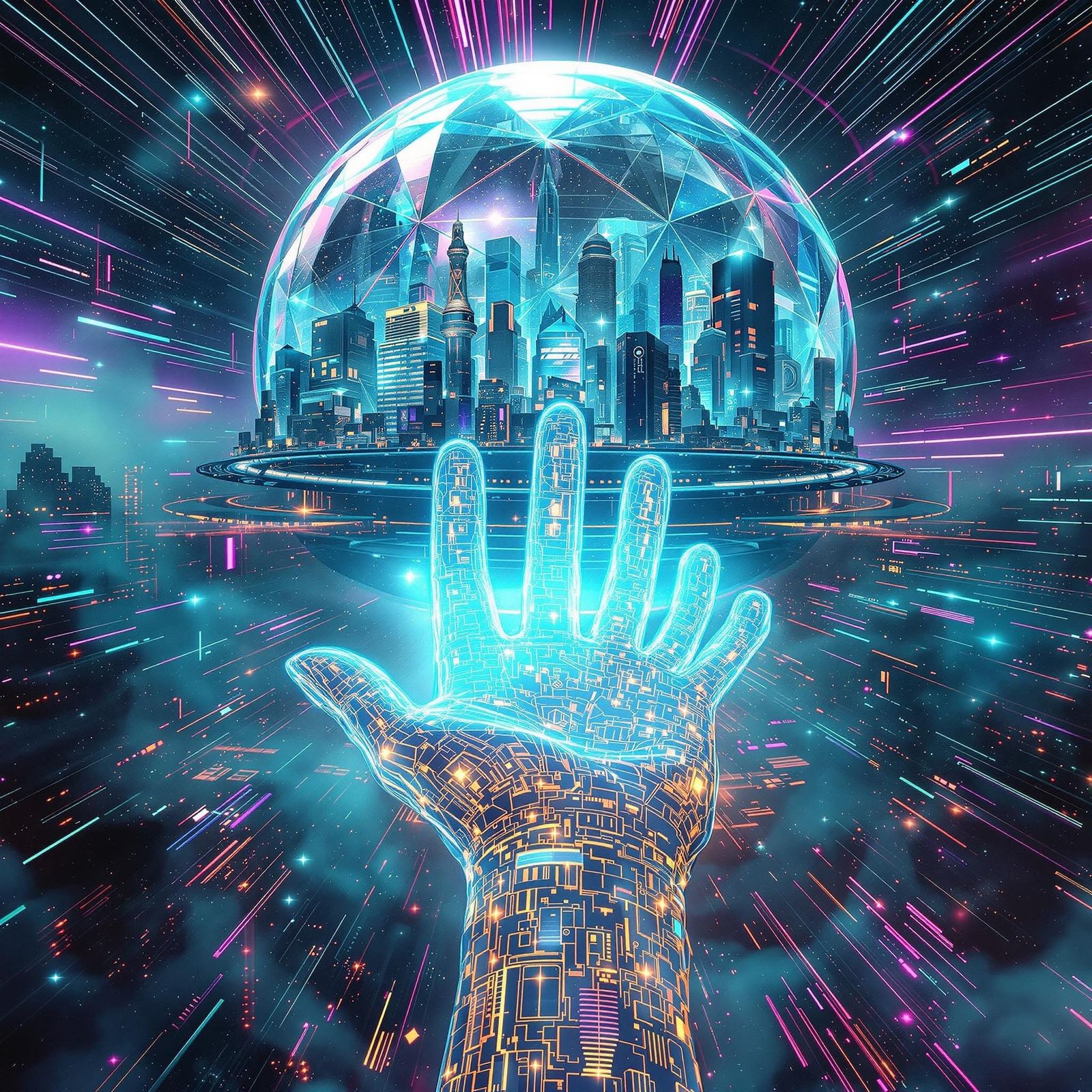 Futuristic Holographic Cityscape in Glitchcore Style