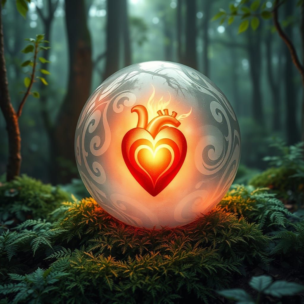 Ethereal Water Orb in Enchanted Forest with Burning Heart