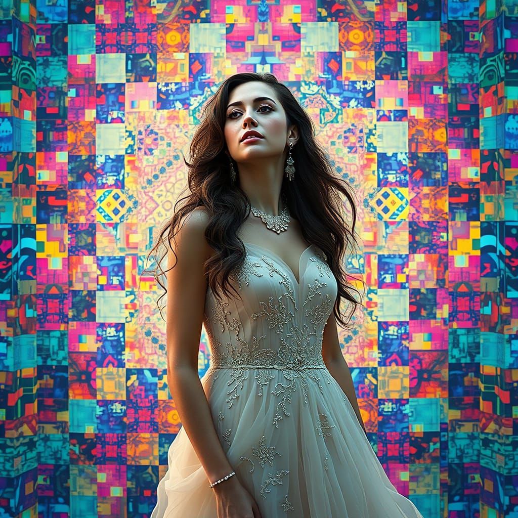 Elegant Woman Surrounded by Vibrant Geometric Patterns in Dr...