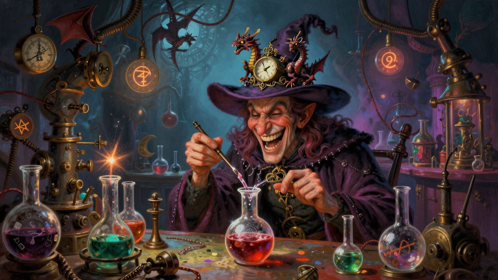 Whimsical Warlock Brews Giggling Potion in Steampunk Lab