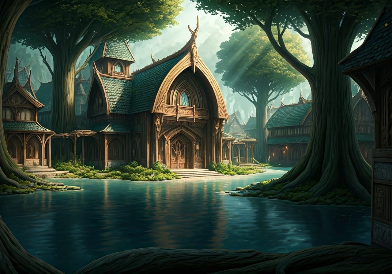 Serene Elven Town Square in Sunlit Lagoon