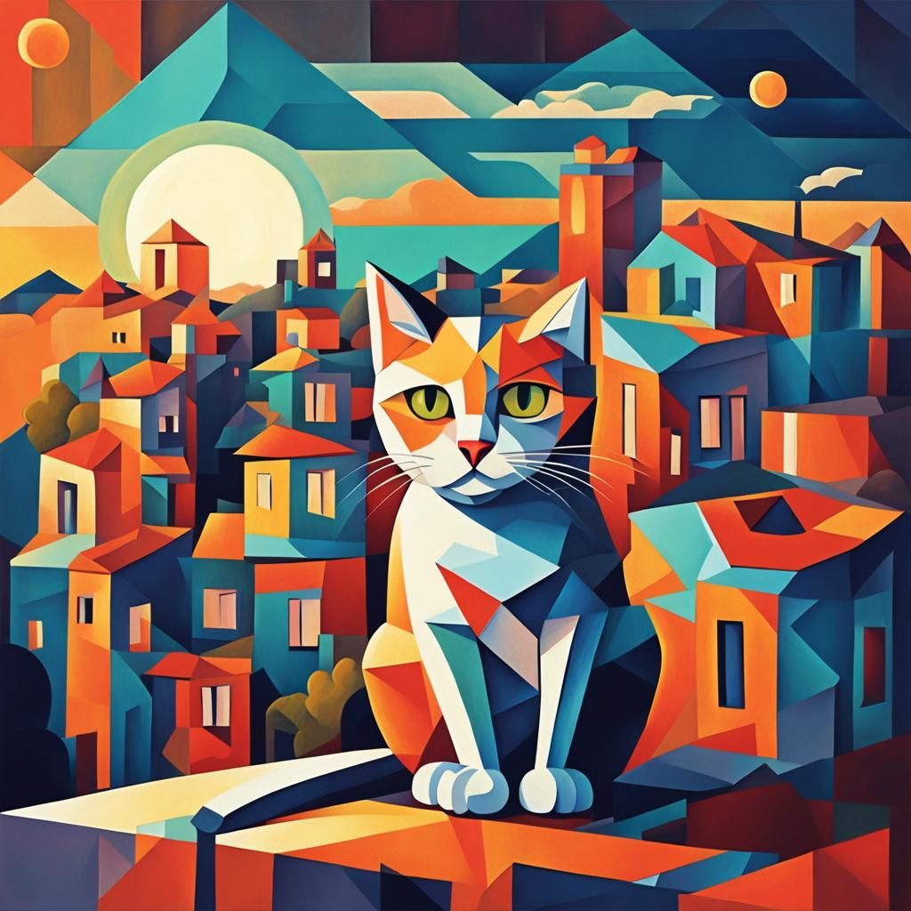 Cat Watches Sunset: Cubist Art Deco Painting
