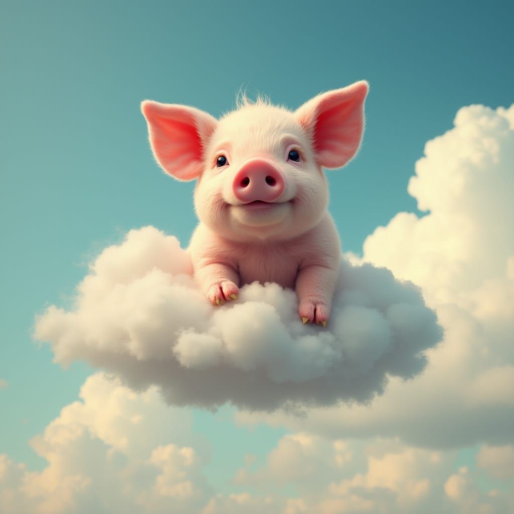 Pig Floating Among Clouds in a Surreal Production