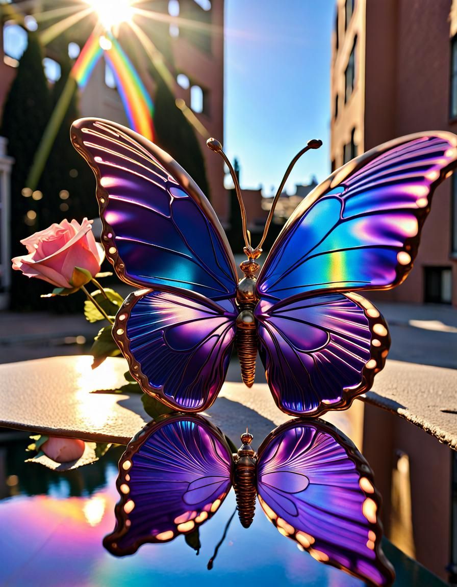 Molten Steel Butterfly on Golden Rose, Hyperrealistic