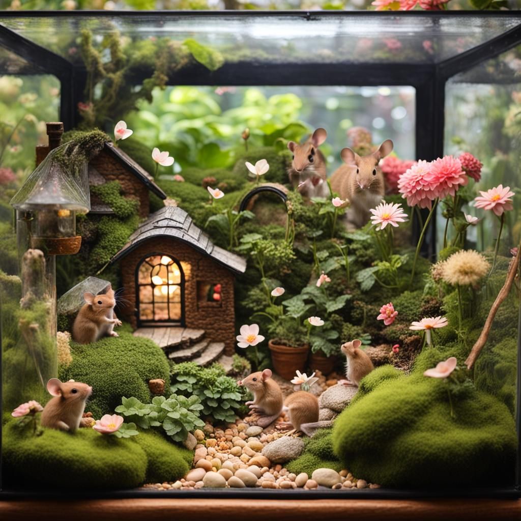 Whimsical Terrarium Scene with Mice and Pixies