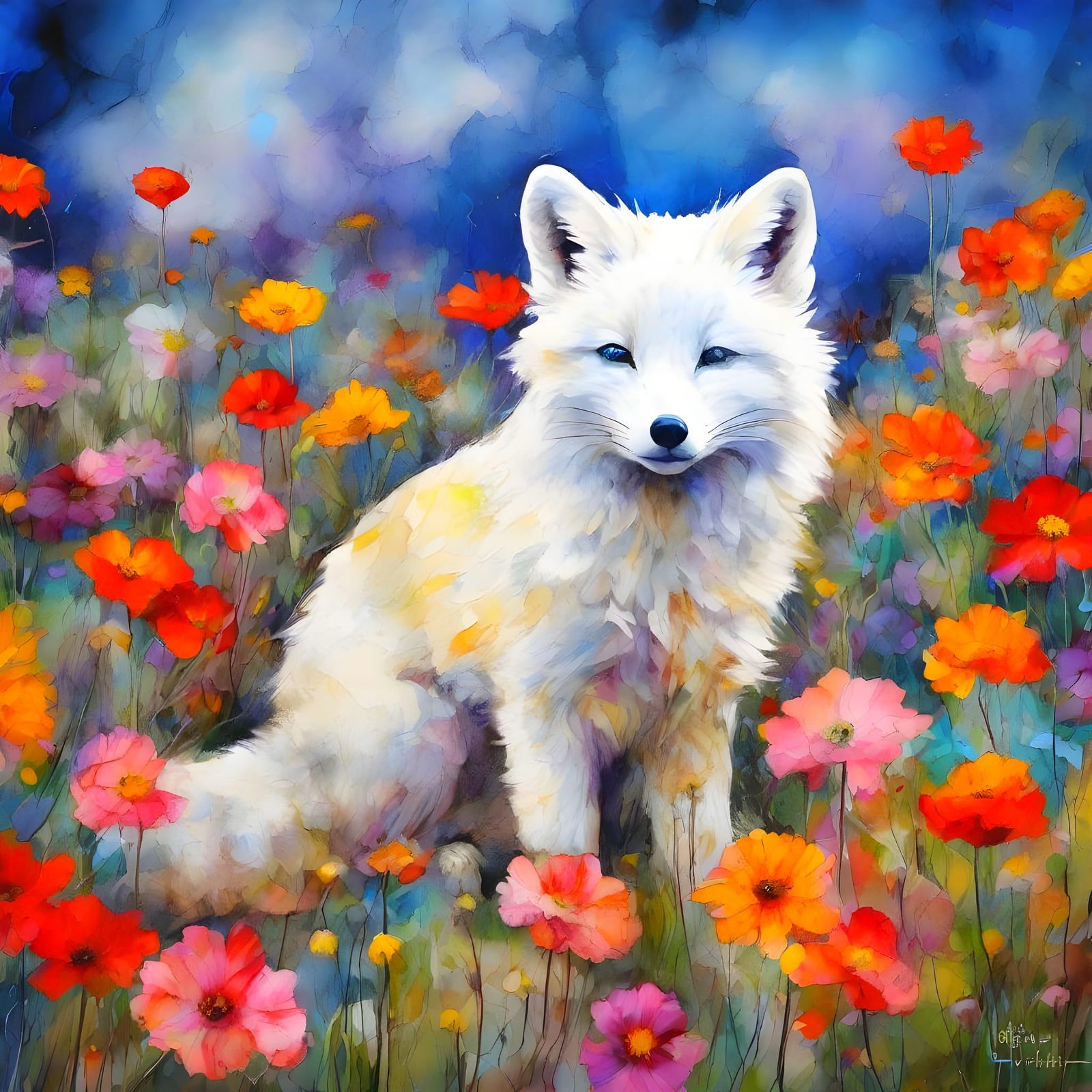 Whimsical Arctic Fox in Vibrant Cosmic Garden