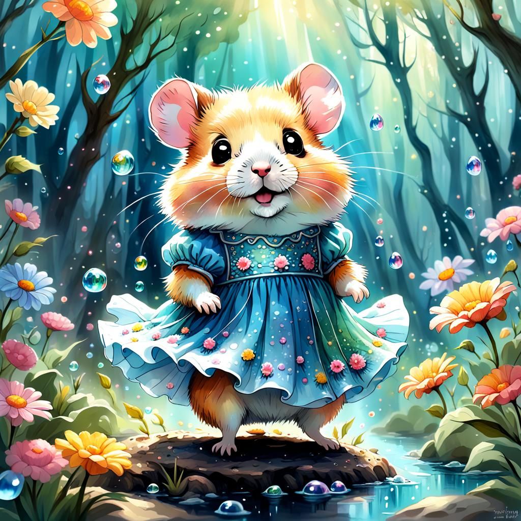 Chibi Hamster in Enchanted Pastel Flower Forest