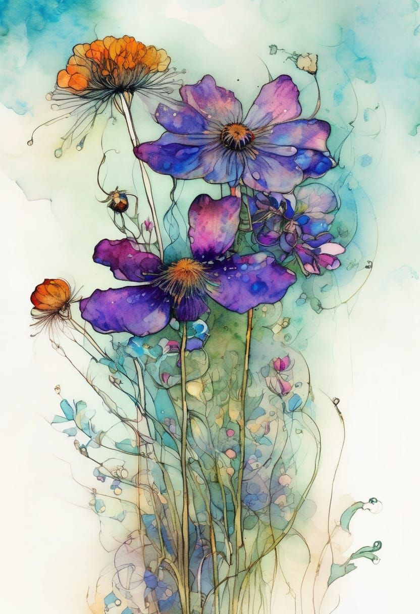 Detailed Wildflower in Liquid Ink Watercolor Style