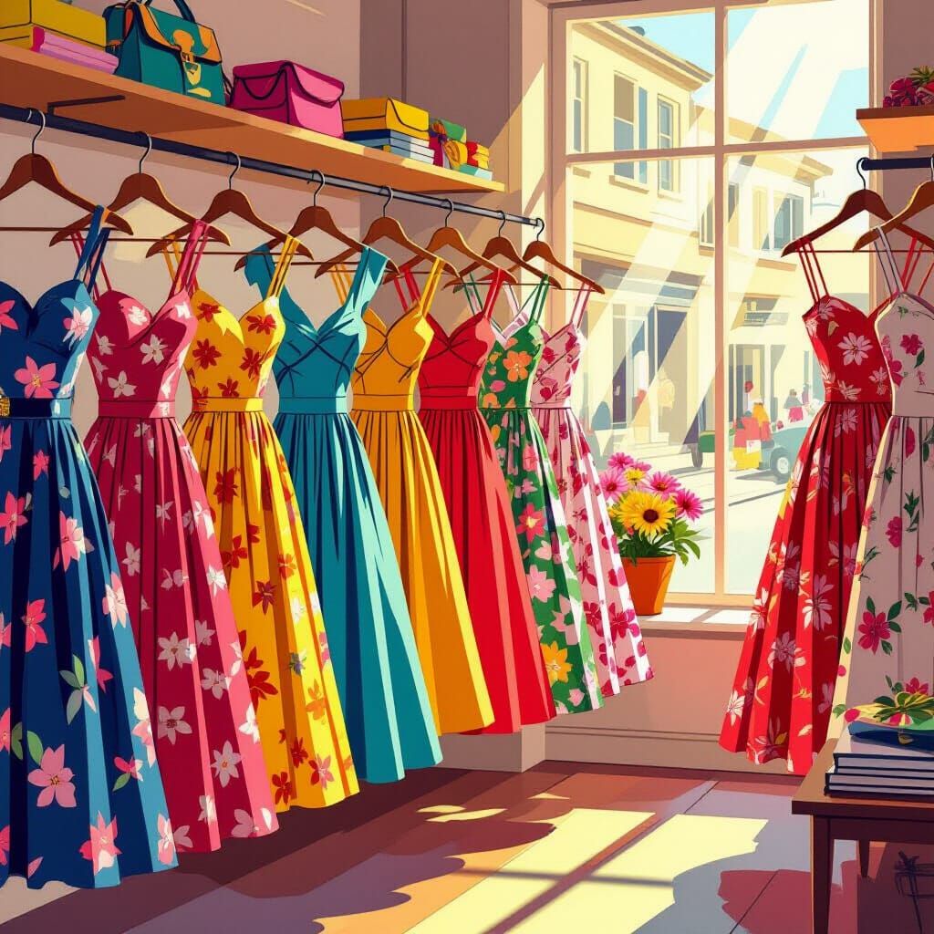 1970s Boutique Dresses Hanging on Hangers