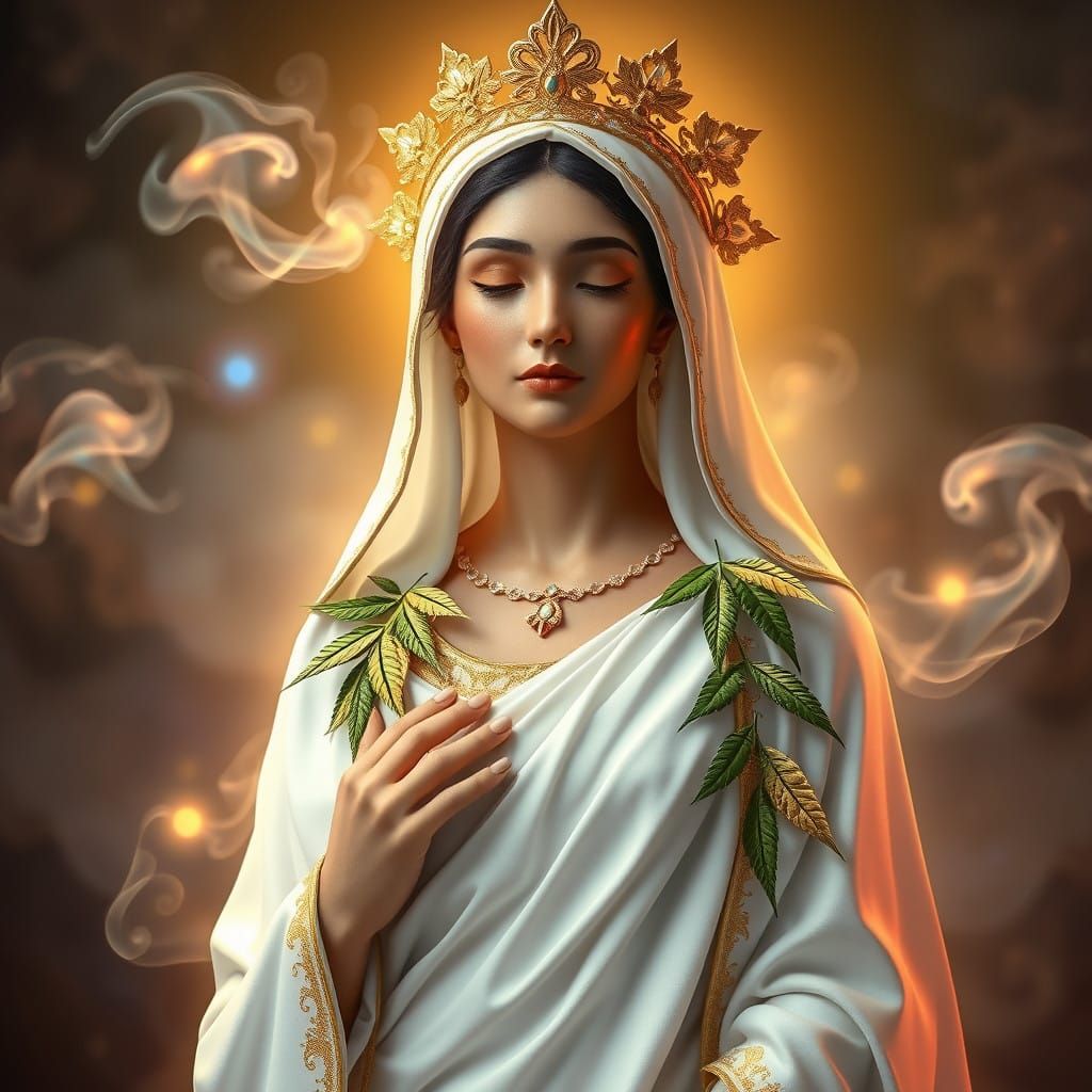 Serene Virgin Mary in Whispers of Iridescent Smoke