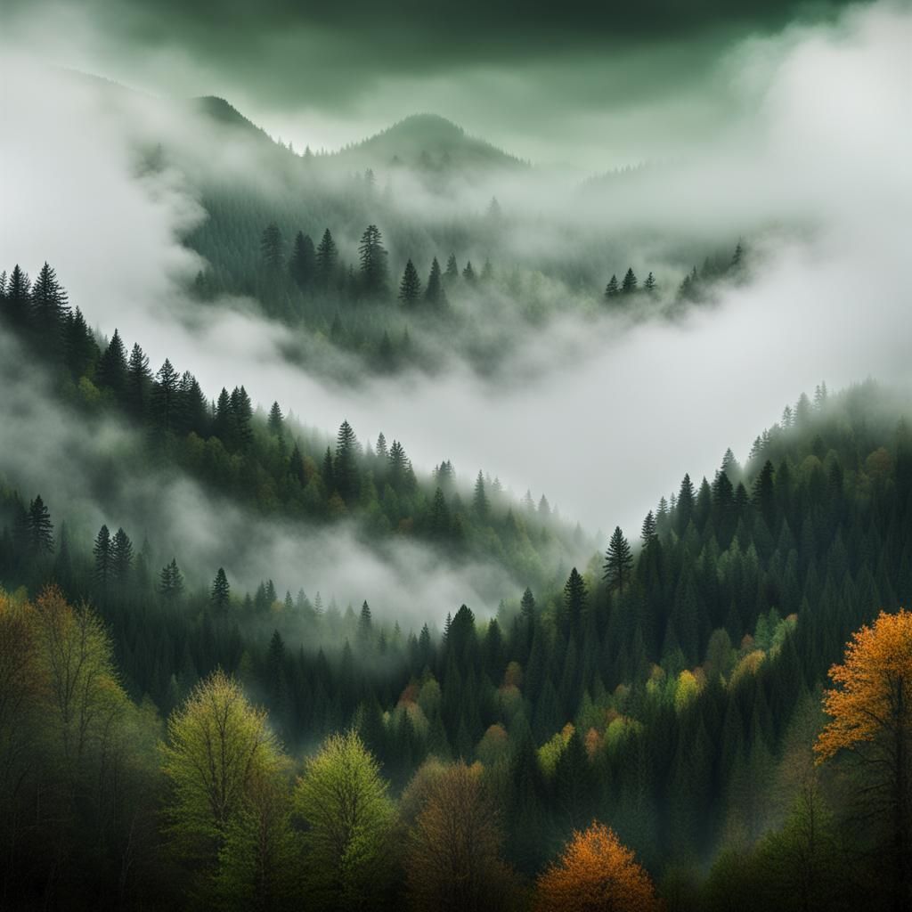 Gloomy Autumn Forest Landscape with Misty Mountains