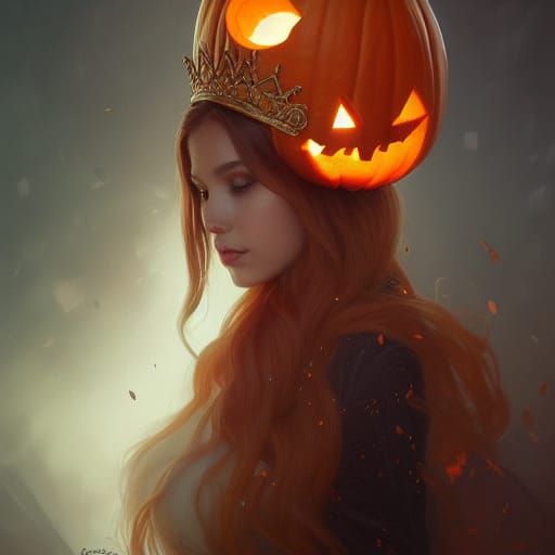 Halloween Pumpkin Girl Portrait in Art Nouveau Style