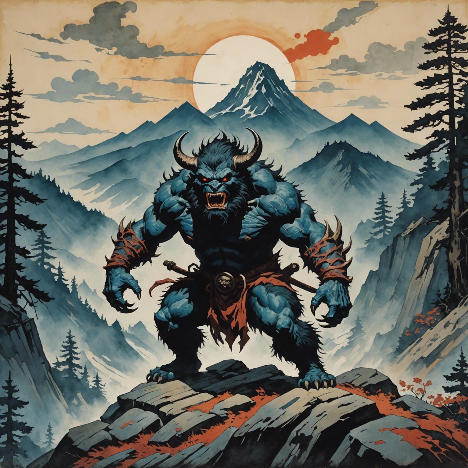 Mountain Demon in Woodblock Print Style