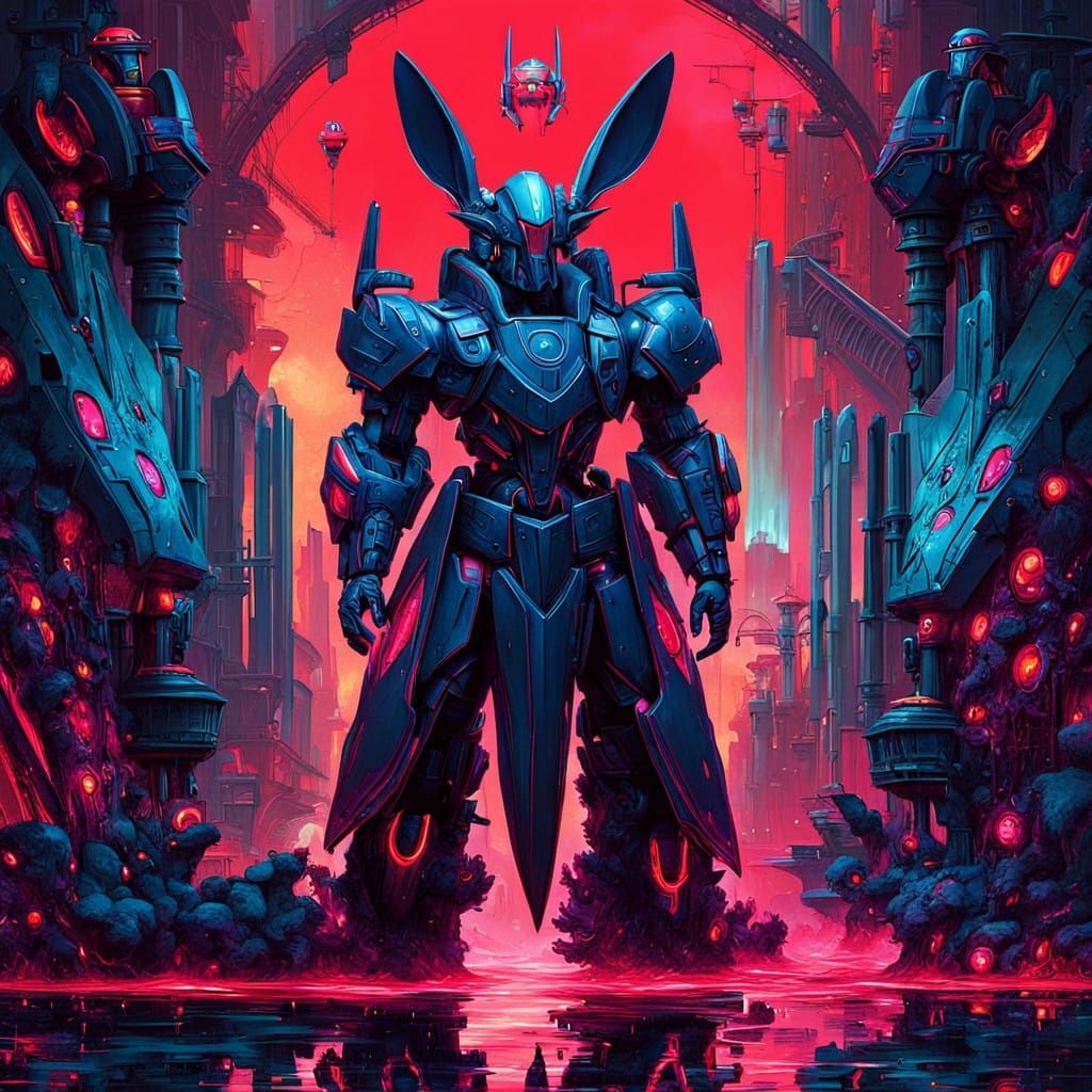 Glowing Mecha Rabbit in Vibrant Fantasy Landscape
