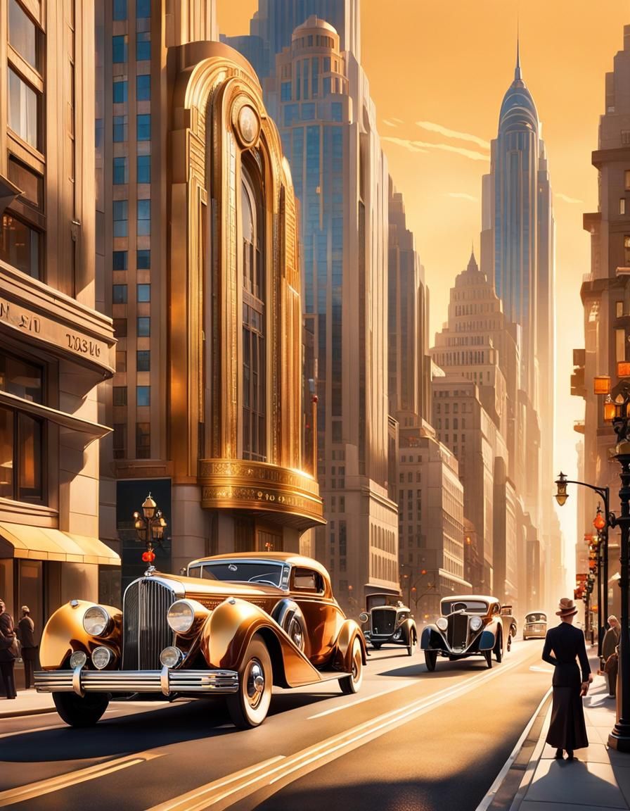 Art Deco Cityscape in Golden Hour Light