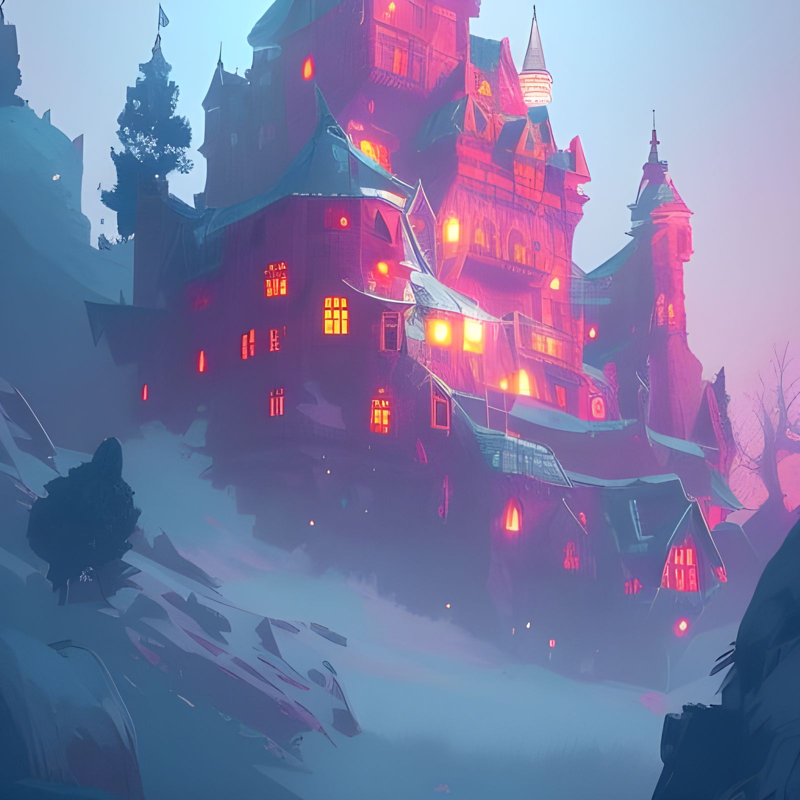 Luminous Crystal Castle on Hill: Digital Art