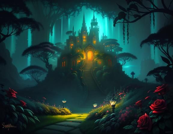 (Red roses climbing the stone walls from inside.)(A magical ...