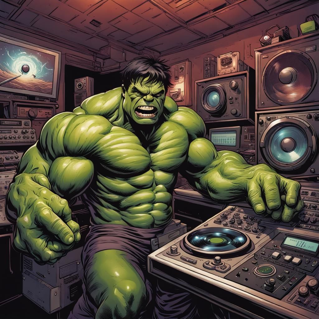 Hulk DJ at Radio Station in Comic Book Art