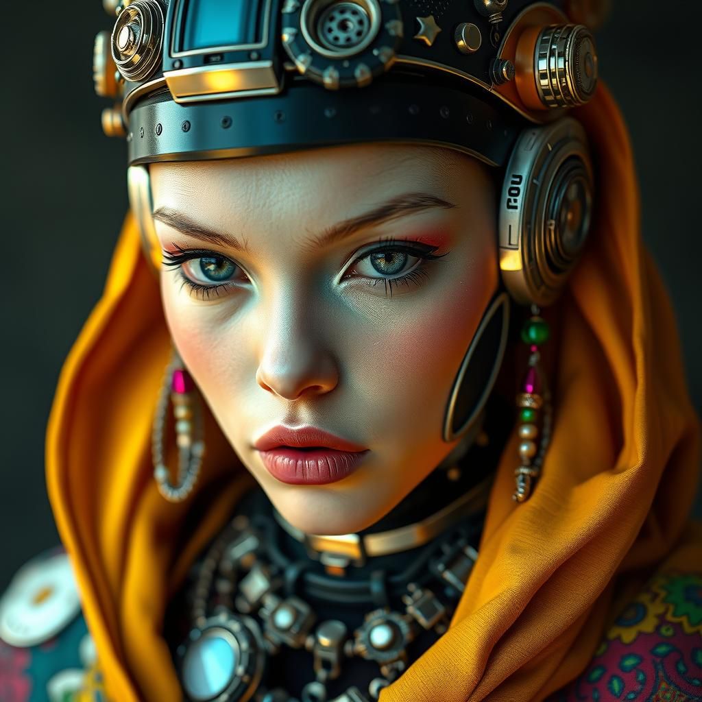 Hyperrealistic Cyborg Portrait in Colorful Futuristic Clothi...