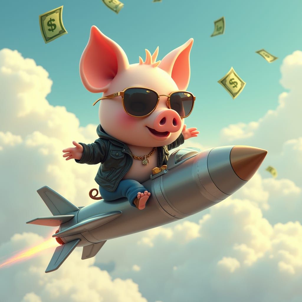 Flying Pig on Missile in Futuristic Style