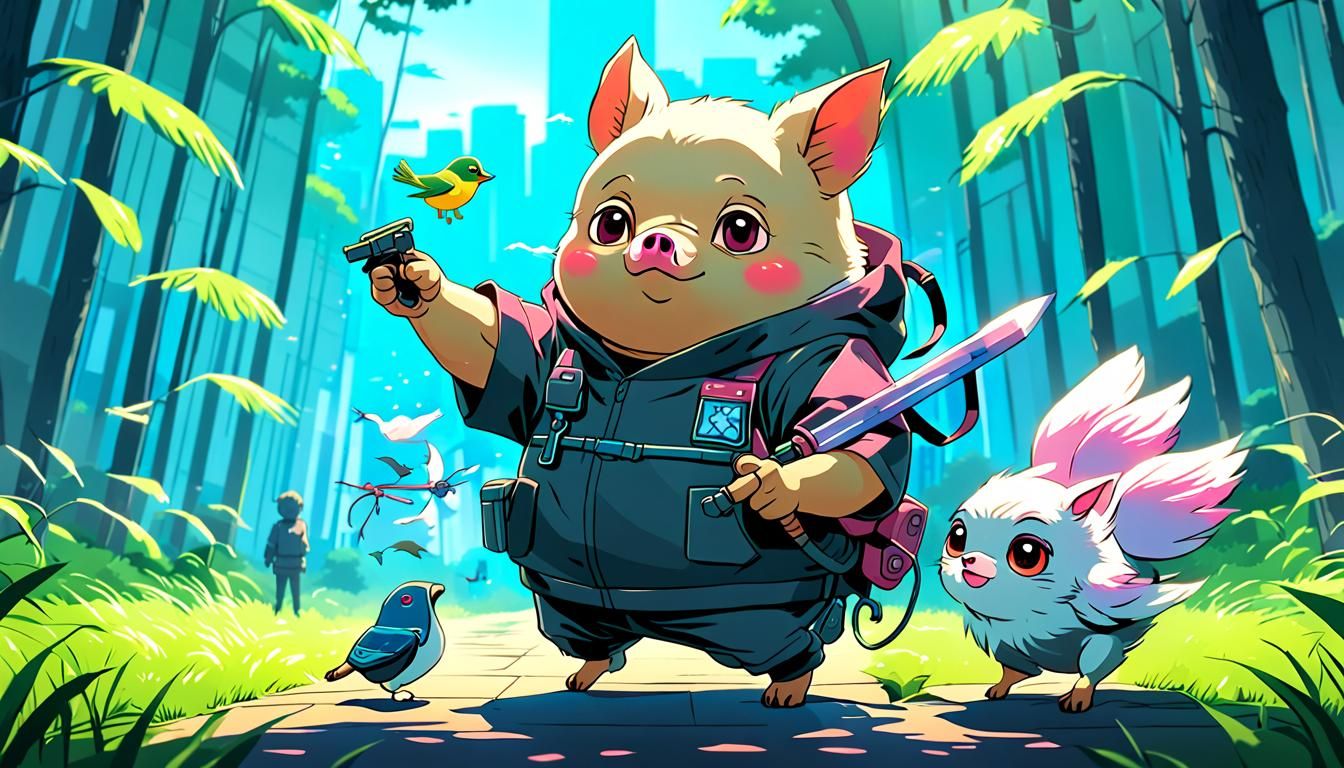 Chihuahua Pig Hero Saves Bird in Neon Retro Anime
