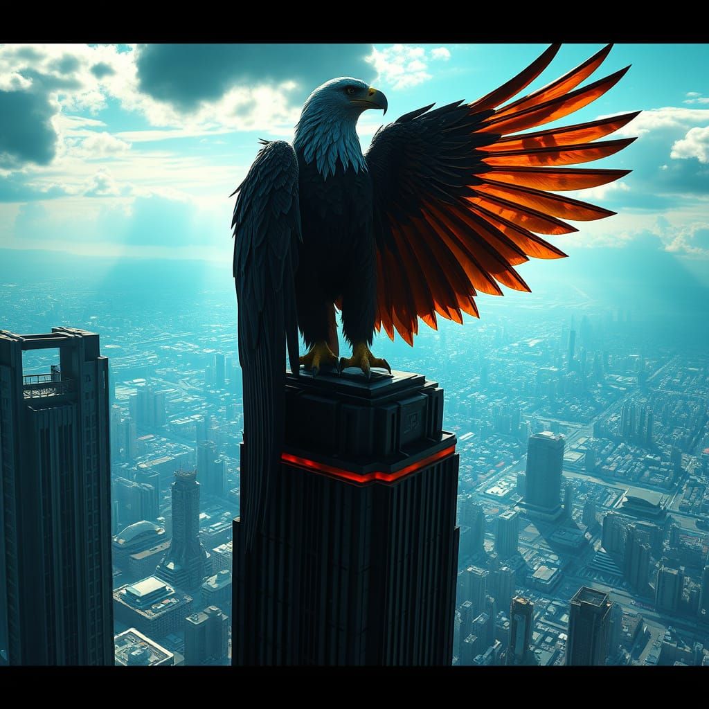 Colossal Eagle Over Futuristic City in Chiaroscuro Style