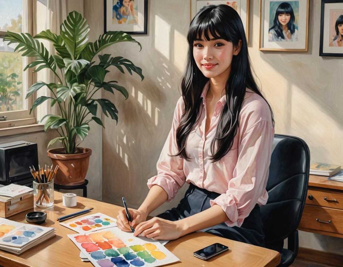 Woman with Black Hair in Watercolor Digital Art