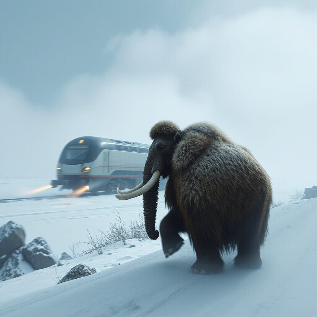 Mammoth Watches High-Speed Train in Dystopian Landscape