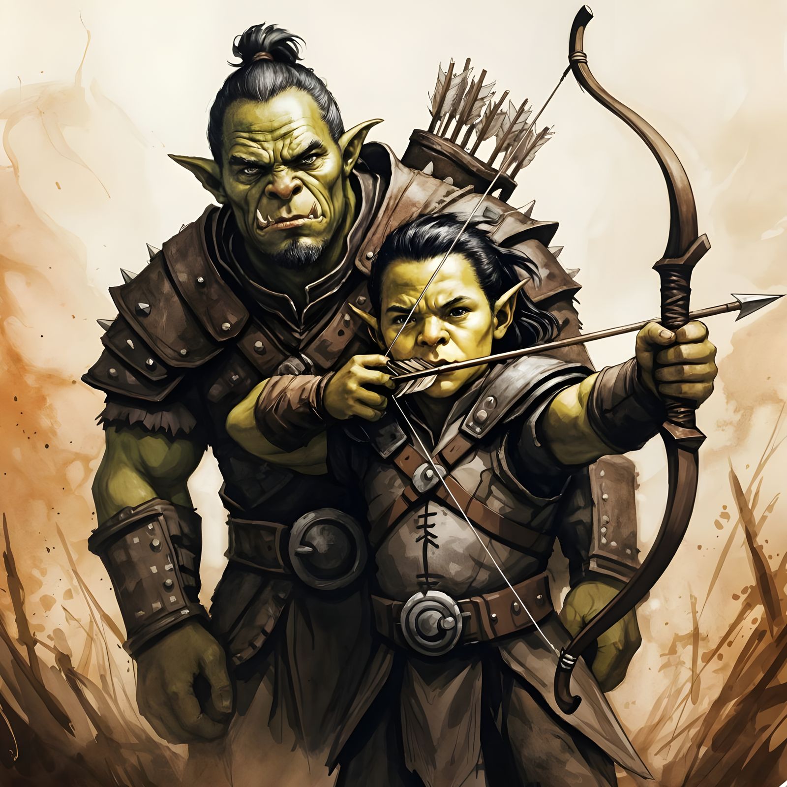 Orcish Archery Lesson in a Dramatic Ink Style