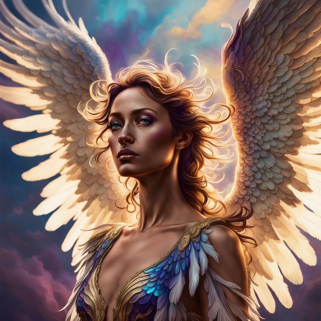 Majestic Angel with Iridescent Wings in Splash Art
