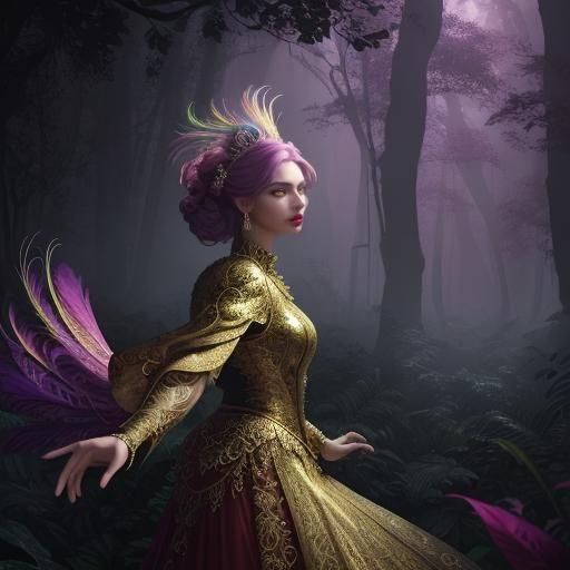 Peacock Haired Woman with Silver Eyes, Digital Painting