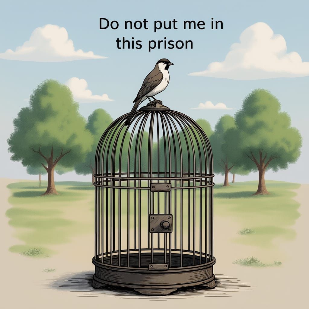 Bird Perched on Closed Cage With Warning Text