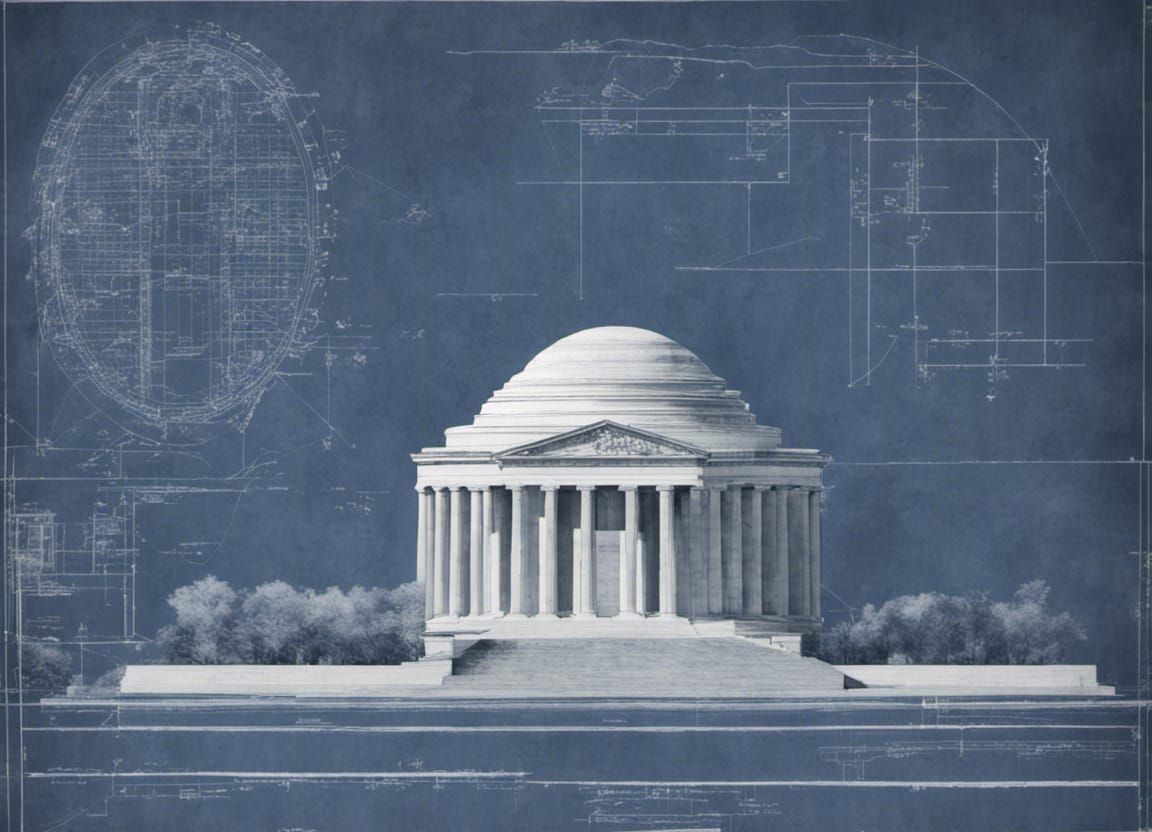 Jefferson Memorial Elevation Blueprint in Cyanotype Style