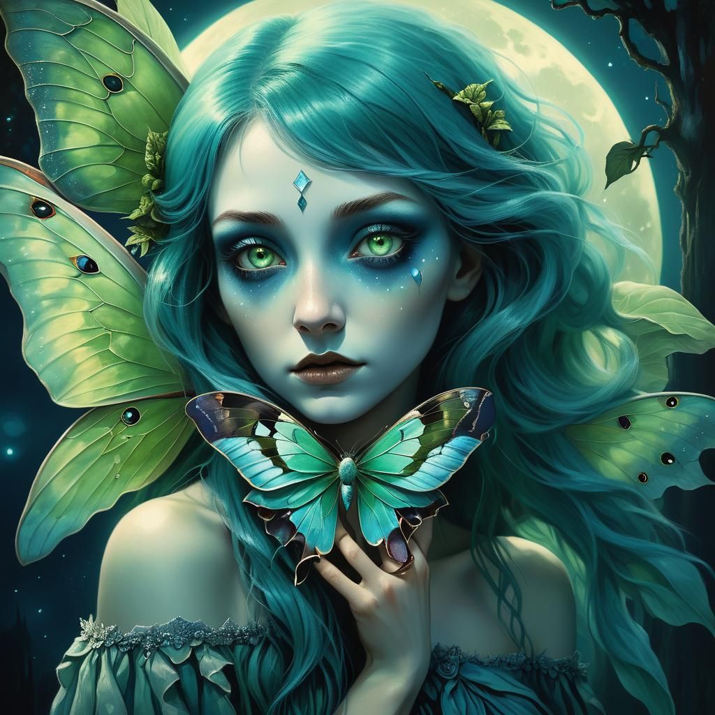 Woman with Luna Moth in Dark Fantasy Style