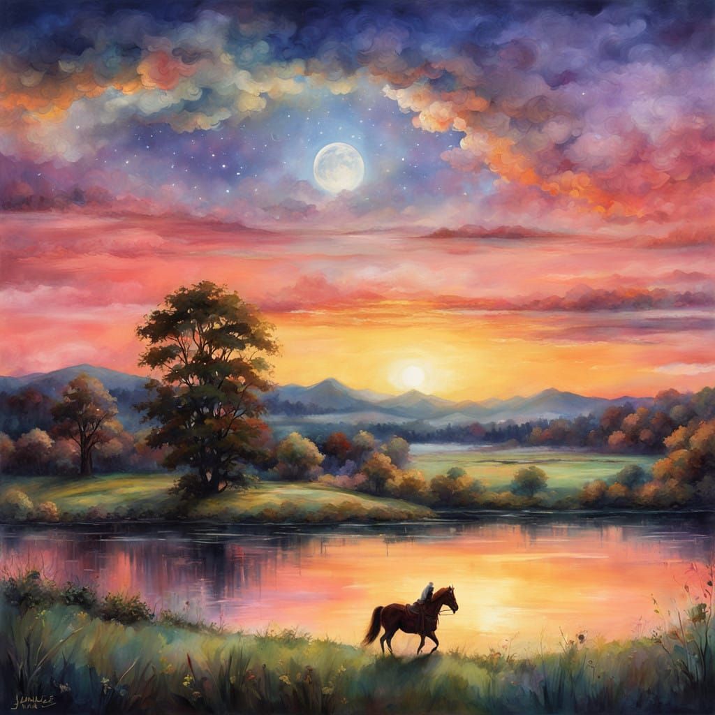 Ethereal Fantasy Sunset with Woman on Horseback over Pasture...