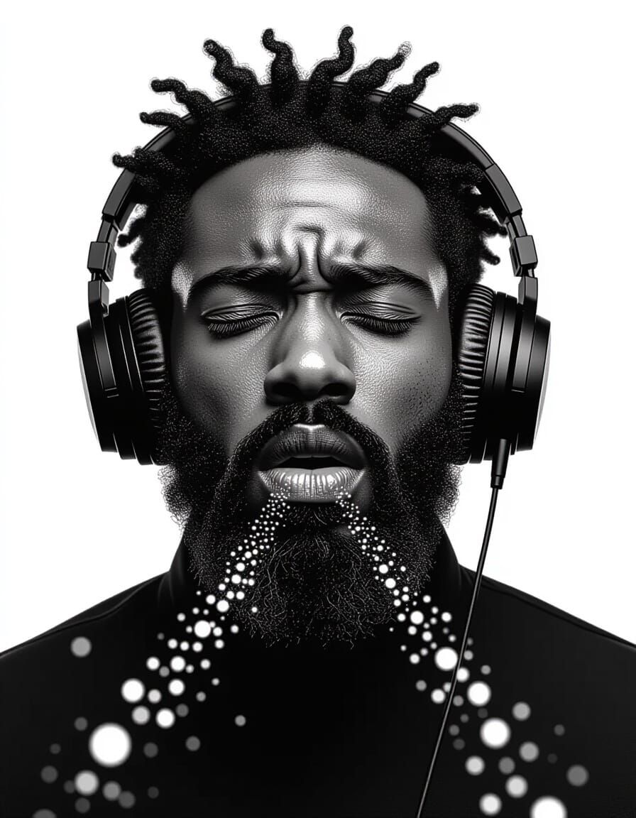 Afrofuturistic Man Overwhelmed by AI, Minimalist Style