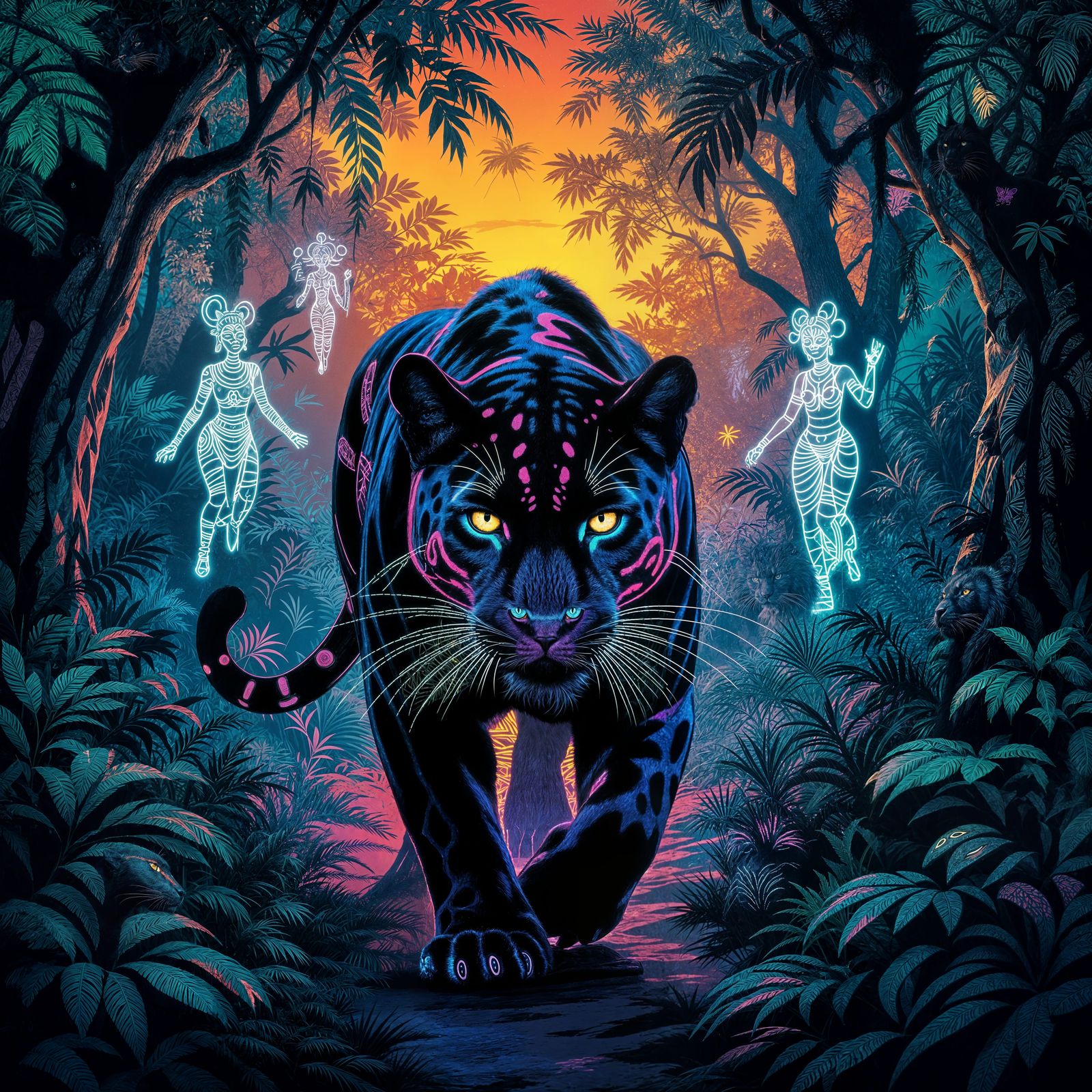 Black Panther Prowls Neon Jungle in Afrofuturist Style