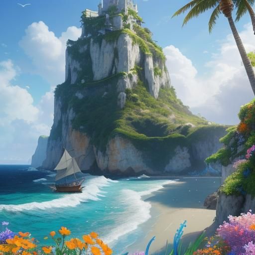 Woman Gazing at Sunny Beach Sky: Fantasy Art