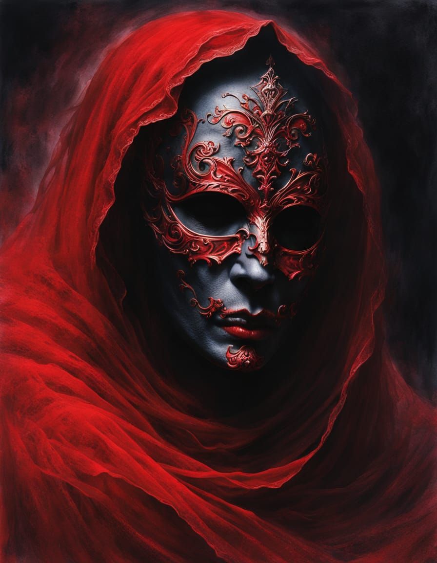 Ethereal Ghost in Scarlet Mask: Dark Fantasy Portrait