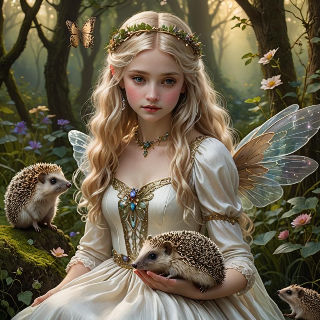 Fairy and Hedgehog in Pre-Raphaelite Style