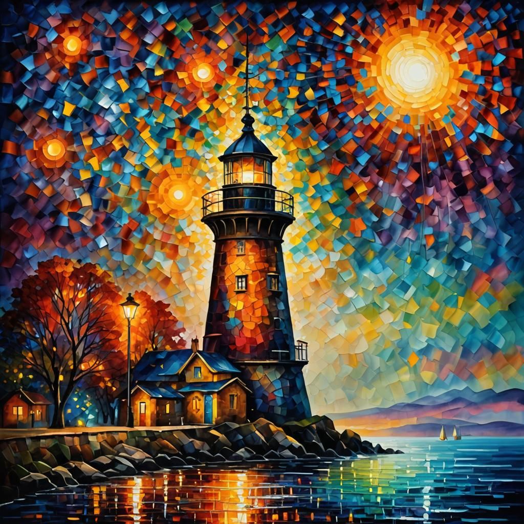 Illuminated Lighthouse in Pointillist Folk Art