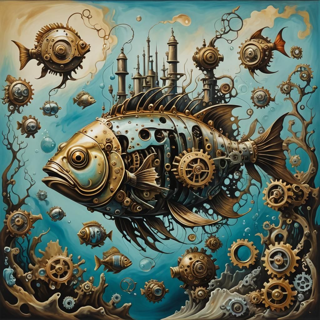 Steampunk Fish Swimming Through Surreal Gear Reef