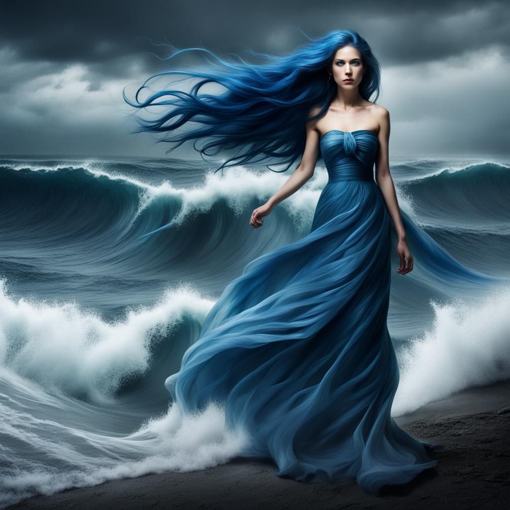 Woman in Blue Dress Amidst Tsunami Wave