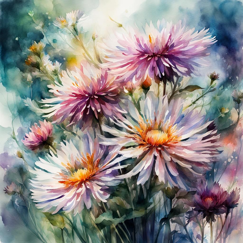 Fantasy Watercolor Asters Double Exposure Floral Art