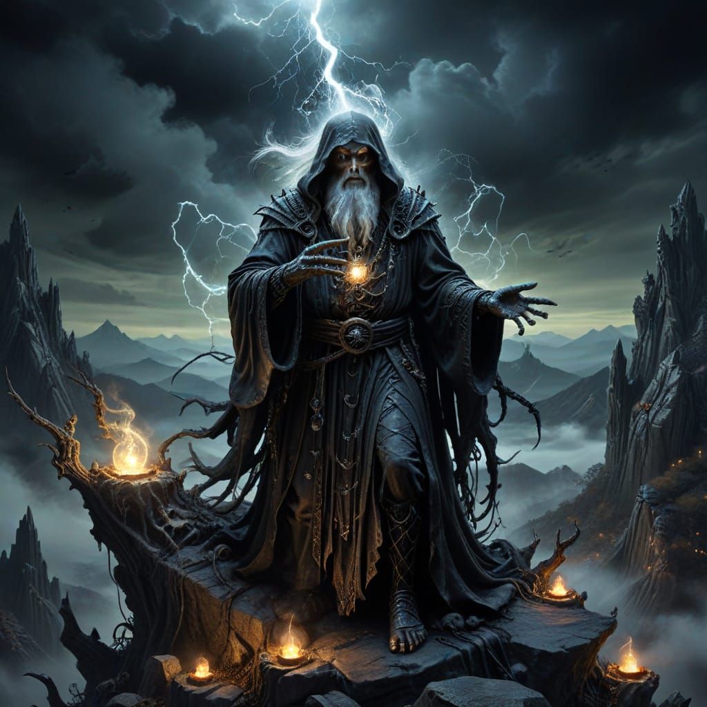 Wise Wizard Conjures Ethereal Energy on Mountain Peak