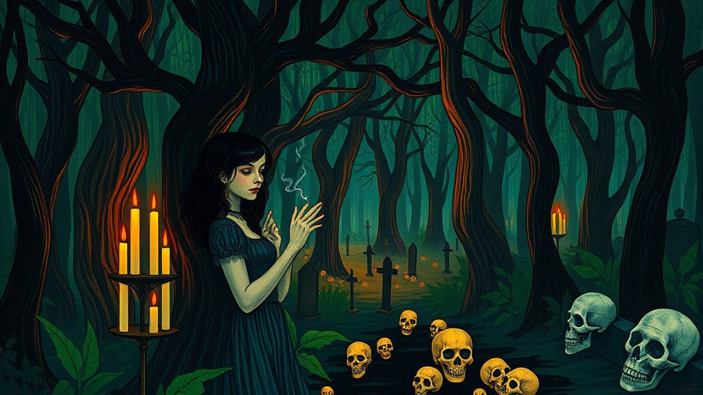 Art Nouveau Goth Girl in Cemetery at Night