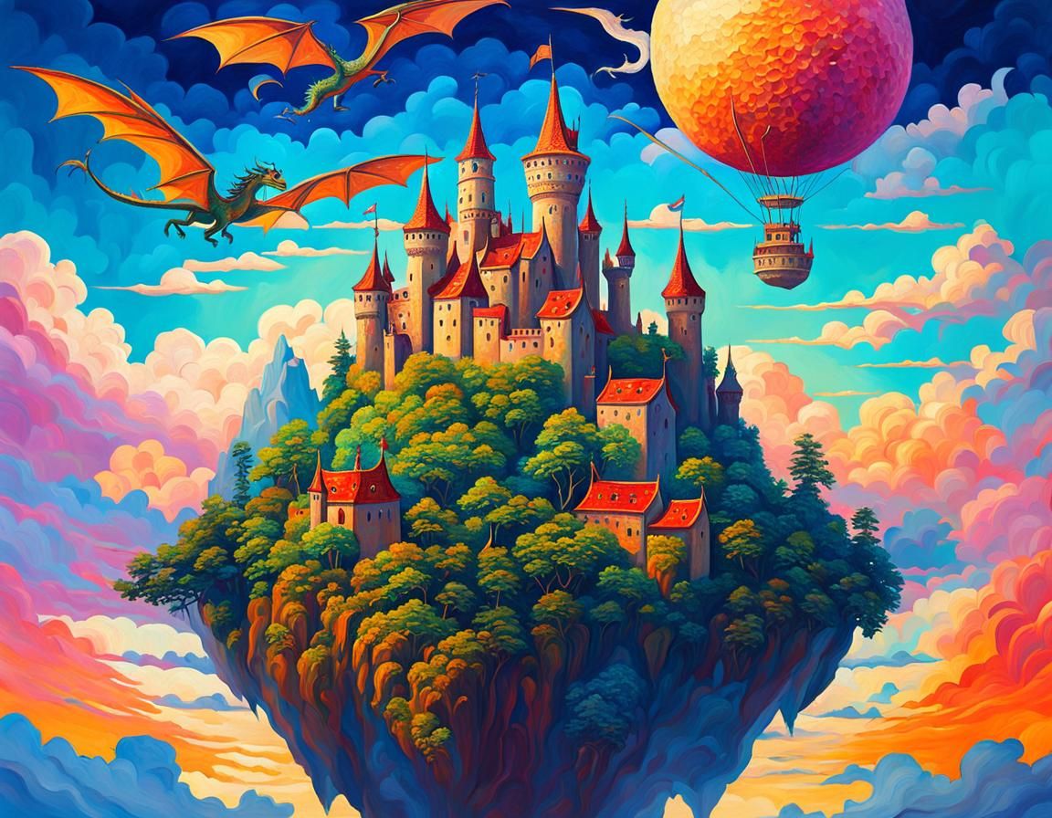 Floating Islands with Dragon Castle in Watercolor Style