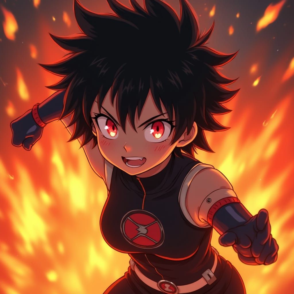Anime Hero Girl in Fiery Explosion