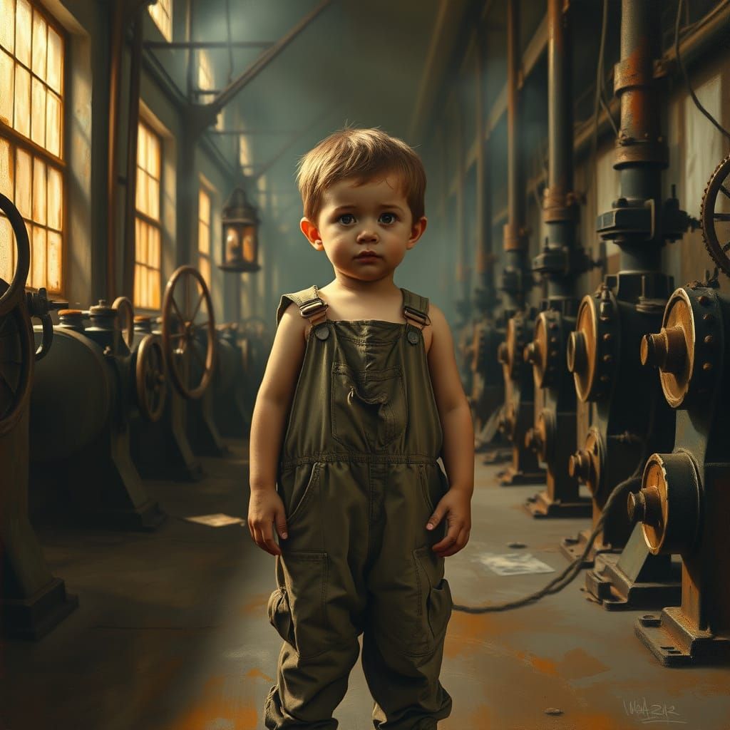Children in a Grimy Factory, Oil Painting in a Social Realis...